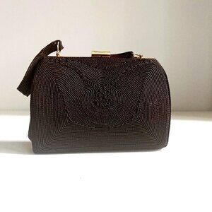 Vintage Chocolate Brown Cordé Textured Fabric Detail Small Evening Handbag \